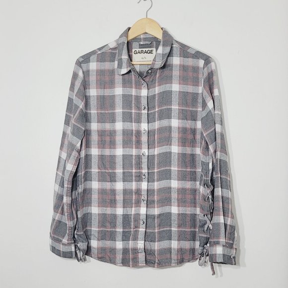 Garage Plaid Long Sleeve Button Front Collared Lace Up Side Shirt Gray White - Picture 1 of 10
